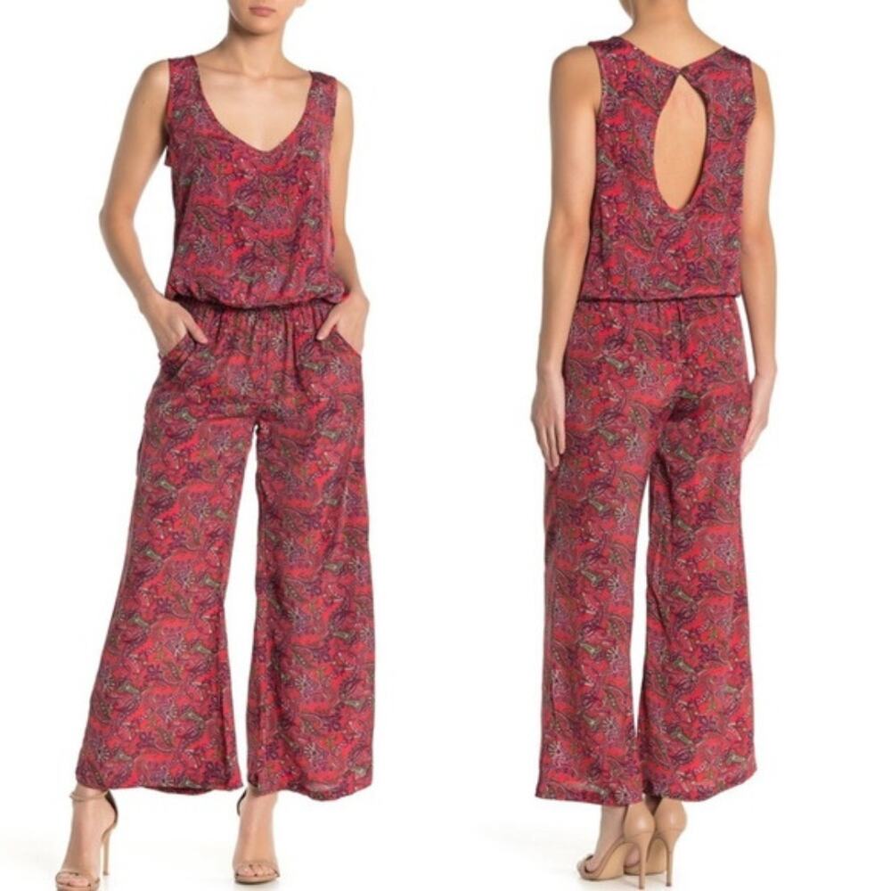 RAGA | Lasting Passion Red Paisley Print Wide Leg Satin Dress w Pockets
